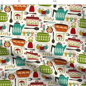 May include: A white background with a repeating pattern of kitchenware in a retro style. The pattern includes red, green, blue, orange, and yellow pots, pans, teapots, and other kitchen items.