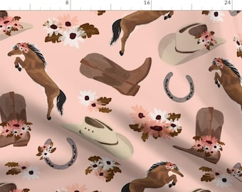 Cowgirl Fabric - Country Girl Pink by jannasalak - Western Country Floral Horses Horseshoe Cowboy Hat Pink Fabric by the Yard by Spoonflower