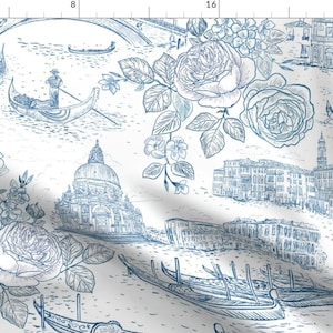 Venezia Blue Floral Vintage Fabric - Blue Toile De Venezia 24” By Helenpdesigns - Venezia Cotton Fabric By The Yard With Spoonflower