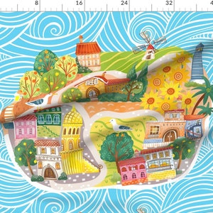 May include: A colorful illustration of a whimsical town on an island with a blue wavy background. The town features houses, a windmill, a lighthouse, trees, and a winding road.