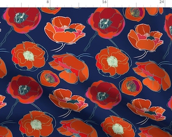 Poppy Fabric - California Poppies By Limezinniasdesign - Poppy Blue Red White Modern Home Floral Cotton Fabric By The Yard With Spoonflower