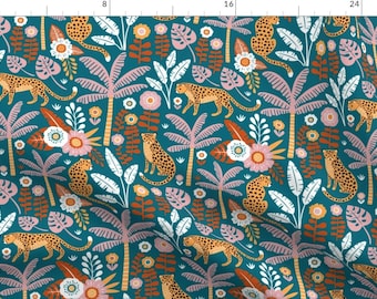 Jungle Landscape Cheetah Trees Fabric - Jungle Leopard By Mirabelleprint - Jungle Illustration Cotton Fabric By The Yard With Spoonflower