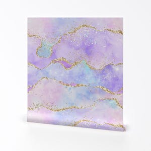 Watercolor Removable Peel and Stick Wallpaper - Geode Pink Purple Blue Faux Gold Metallic Look - Wall Art Wall Decor - Lilac by ktscarlett_