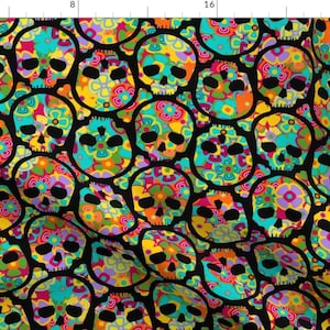 Dead Fabric - Day Of The Dead Flowered Skull Black On Multi By Thirdhalfstudios - Skulls Black Cotton Fabric By The Yard With Spoonflower