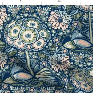 May include: A seamless pattern featuring a repeating design of stylized flowers in shades of blue, green, and pink on a dark blue background.