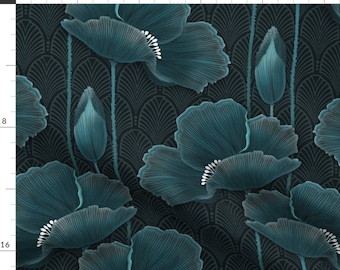 Art Deco Poppies Fabric - Art Deco Poppies Teal By J9design - Dark teal moody florals Cotton Fabric By The Yard With Spoonflower