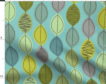 Blue Retro Fabric - Leaf Lines By Nancy Bradham - Mid Century Trending Blue Green Home Decor Leaf Cotton Fabric By The Yard With Spoonflower