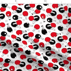 Table Tennis Fabric - Table Tennis - Ping Pong Bats By Revista - Ping Pong Black, Red, and White Cotton Fabric By The Yard With Spoonflower