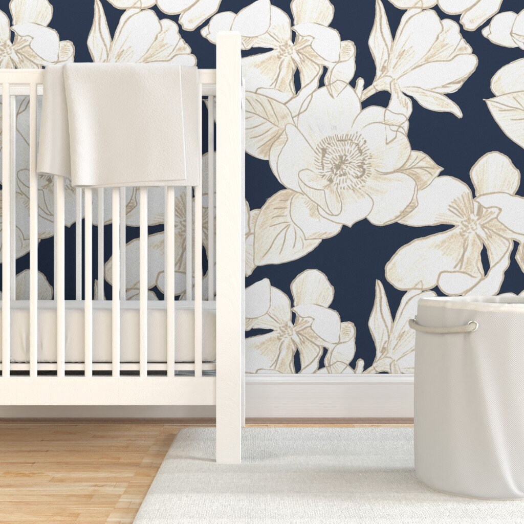Floral Wallpaper Navy Magnolia Grandiflora By Etsy