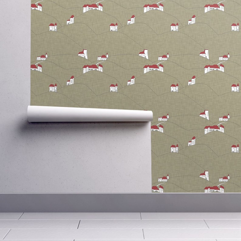 Countryside Architecture Linen By Holli Zollinger House Wallpaper Custom Printed Removable Self Adhesive Wallpaper Roll by Spoonflower