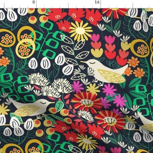 May include: A seamless pattern featuring a dark blue background with colorful flowers, leaves, and birds. The flowers are in shades of red, yellow, orange, pink, and white. The birds are yellow with white bellies and black eyes.