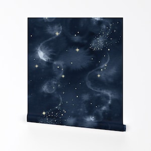 Galaxy Wallpaper - Celestial Wonderland By Marketa Stengl - Navy Blue Stars Astronomy Removable Self Adhesive Wallpaper Roll by Spoonflower