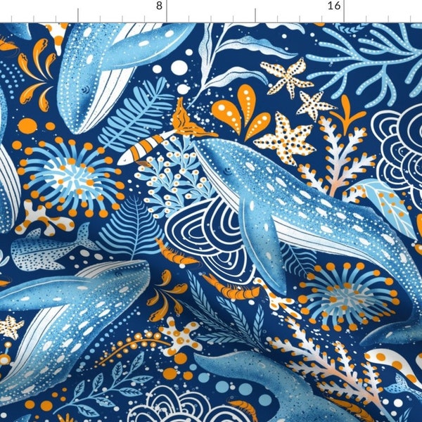 Whale Fabric - Whale Lagoon By Trendy Creation Prints - Blue Orange Ocean Beach Nautical Water Cotton Fabric By The Yard With Spoonflower