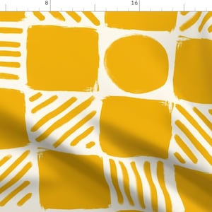 May include: A seamless pattern featuring a repeating design of yellow squares, circles, and diagonal lines on a white background.