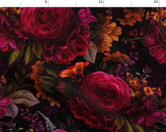Moody Floral Apparel Fabric - Antique Painted Roses by utart - Gothic Flower Maximalist Bouquet Dark Red Clothing Fabric by Spoonflower