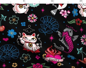 Lucky Cat Fabric - Maneki Neko by miss_fluff - Dragons Floral Koi Fish Japanese Parasol Kawaii Japanese Fabric by the Yard by Spoonflower