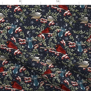 Chickadee Winter Trees Bird Fabric - Winter Birds In Snow -Dark By Leilaandpostudio - Chickadee Cotton Fabric By The Yard With Spoonflower