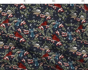 Chickadee Winter Trees Bird Fabric - Winter Birds In Snow -Dark By Leilaandpostudio - Chickadee Cotton Fabric By The Yard With Spoonflower