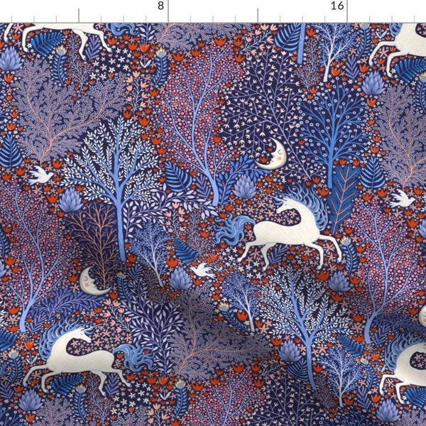 Nocturnal Unicorn Fabric - Unicorns In Nocturnal Forest By Rebecca Reck Art - Folk Flower Cotton Fabric By The Yard With Spoonflower