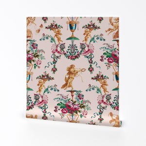 Antique Cupid Wallpaper - The Muses Arabesque By Peacoquettedesigns -Blush Pink Rococo Removable Self Adhesive Wallpaper Roll by Spoonflower