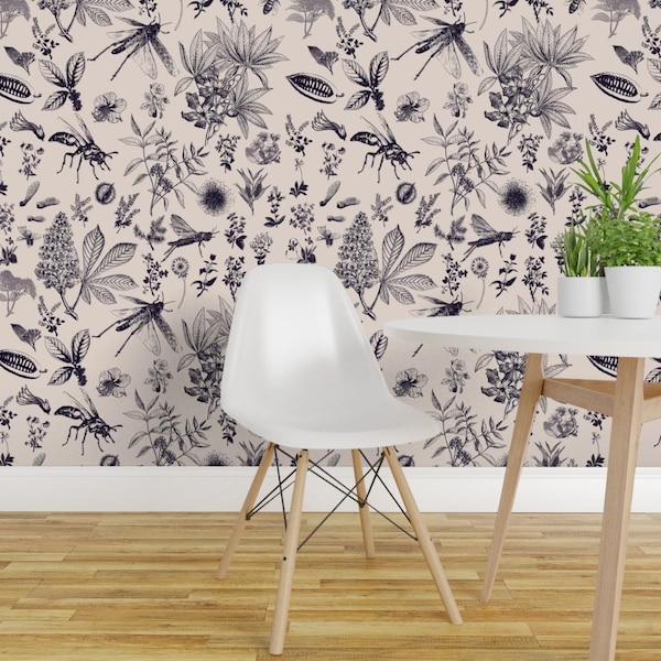 Botanical Insect Wallpaper - Insect Garden Retro By Juliaschumacher - Custom Printed Removable Self Adhesive Wallpaper Roll by Spoonflower
