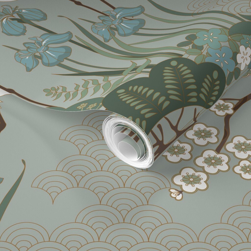 Japanese Garden Wallpaper Large Scale Sage Garden by - Etsy