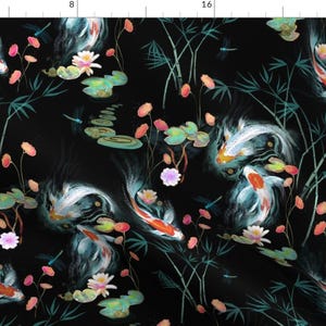 Koi Pond Black Fabric - Japanese Water Garden -Smaller Scale By Designed By Debby - Koi Floral Cotton Fabric By The Yard With Spoonflower