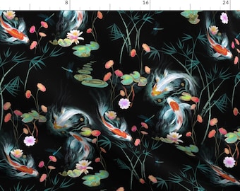 Koi Pond Black Fabric - Japanese Water Garden -Smaller Scale By Designed By Debby - Koi Floral Cotton Fabric By The Yard With Spoonflower