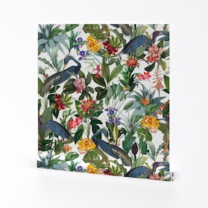 Tropische Vogel-Tapete - 45 cm Blauer Reiher im tropischen Dschungel Von Utart - Individuell bedruckte, abnehmbare, selbstklebende Tapetenrolle von Spoonflower