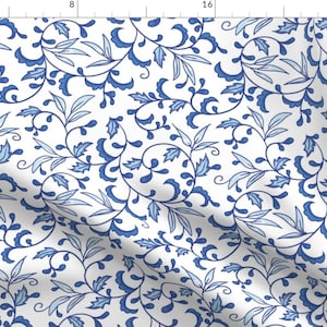 Blue White Botanical Fabric - Blue Leaves by andreasnuggs - Delicate Chinoiserie Chintz Monochome Leaves  Fabric by the Yard by Spoonflower