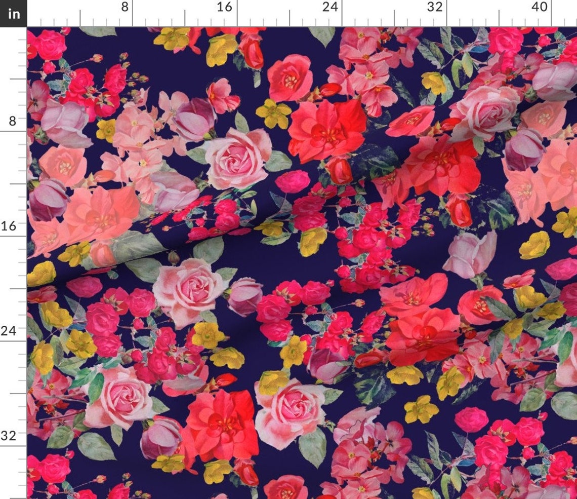 Navy Floral Fabric Antique Floral on Navy Large Print by - Etsy