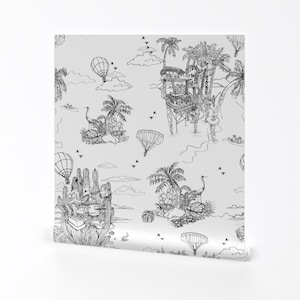 Treehouse Toile Wallpaper - Treehouse Toile By Lizlovin - Toile Black Custom Printed Removable Self Adhesive Wallpaper Roll by Spoonflower