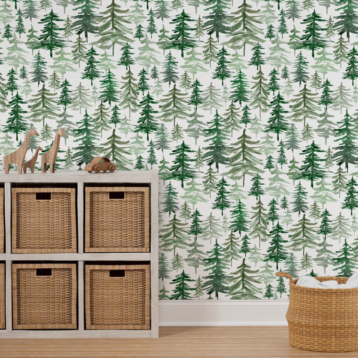 Woodland Pines Wallpaper Rustic Forest Trees White by Etsy