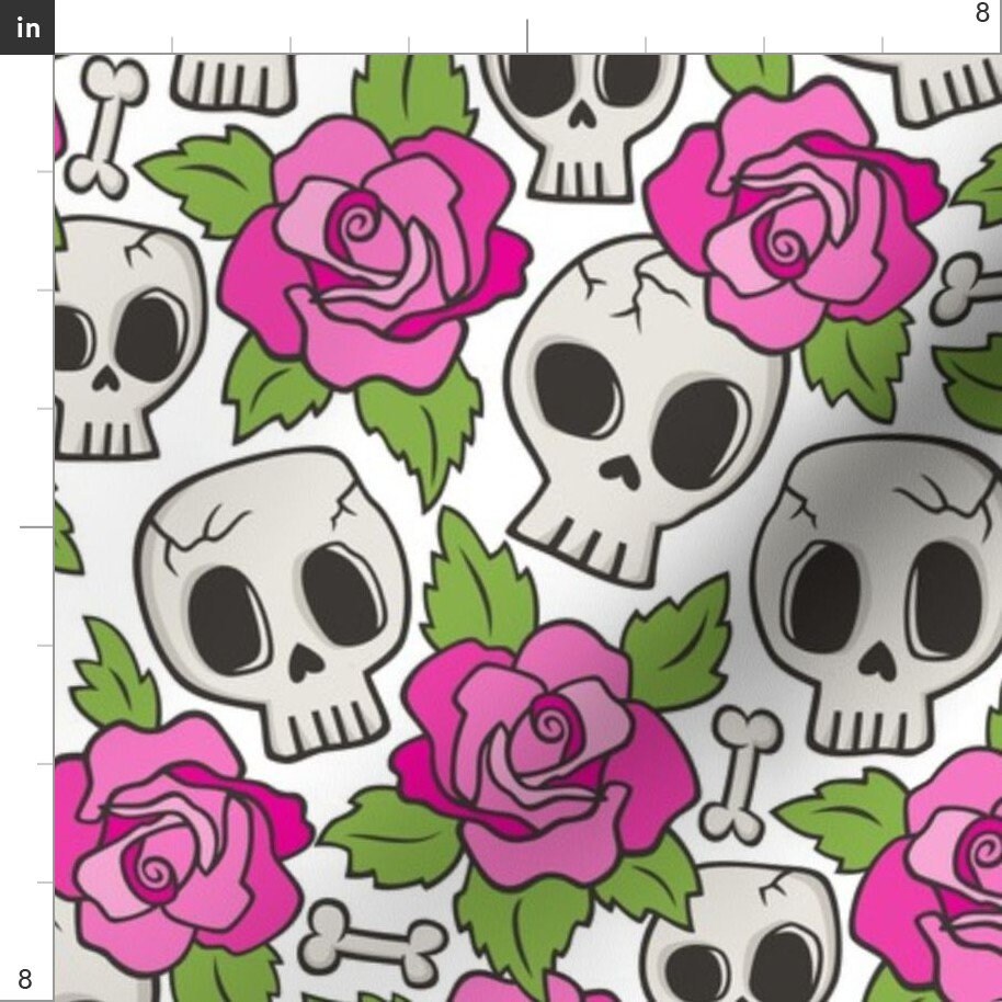 Skulls and Roses Fabric Skulls and Roses Pink on White by | Etsy