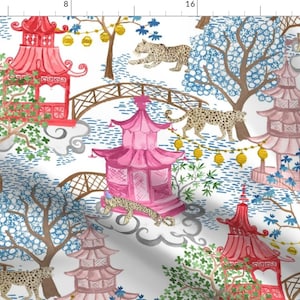 Bright Chinoiserie Fabric - Pagoda Forest Blue by danika_herrick - Colorful Leopards Watercolor Whimsical Fabric by the Yard by Spoonflower