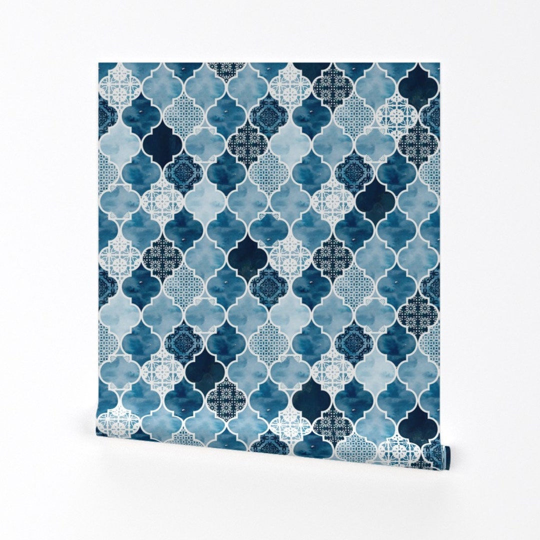 Moroccan Tile Wallpaper Moroccan Trellis by Adenaj Blue - Etsy