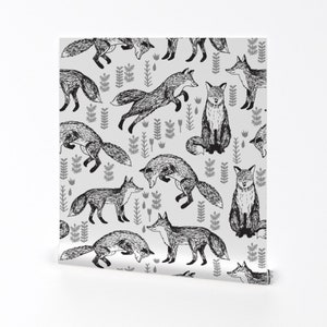 Fox Wallpaper - Foxes Black And White Black and White By Andrea Lauren- Custom Printed Removable Self Adhesive Wallpaper Roll by Spoonflower