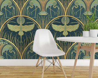 Art Deco Tapete zum Abziehen und Aufkleben - Kranich im Jugendstil Mondlicht - Wieder entfernbare Tapete - Kraniche im Mondschein by marjorie_howe