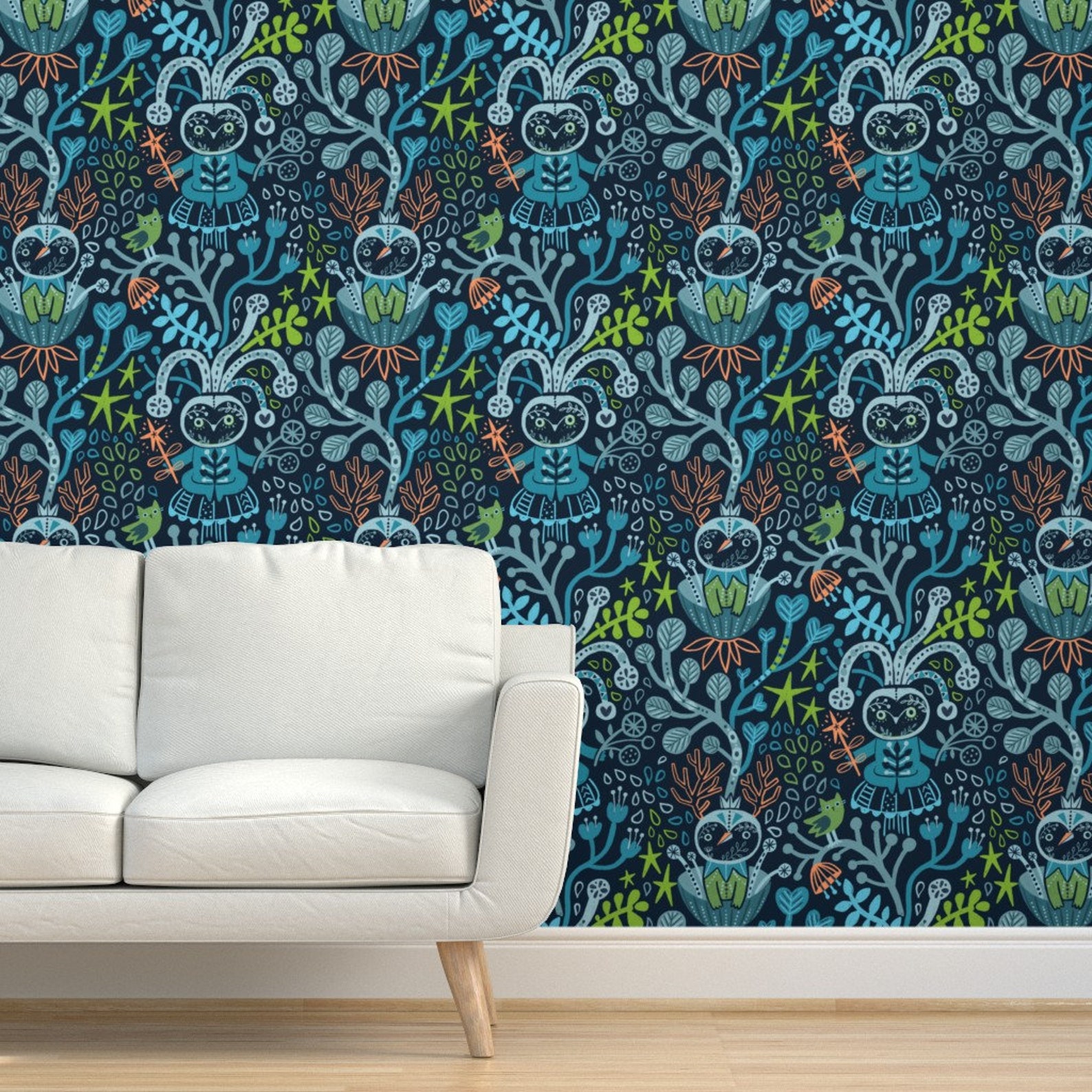 Blue Owls Wallpaper Blue Birds Whimsical by Kostolom3000 - Etsy