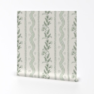Cottagecore Removable Peel and Stick Wallpaper -  Botanical Grandmillennial - Wall Art Wall Decor - Green Emma Stripe by danika_herrick