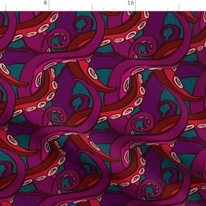 Pode incluir: Um padrão repetido de tentáculos de polvo roxo, vermelho e rosa com ventosas brancas. O fundo é de cor azul-esverdeado escuro.