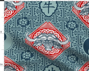 lunar new year Fabric - The Ox Chinese Horoscope 2021 By Chicca Besso - 2021 year of the ox Red Cotton Fabric By The Yard With Spoonflower