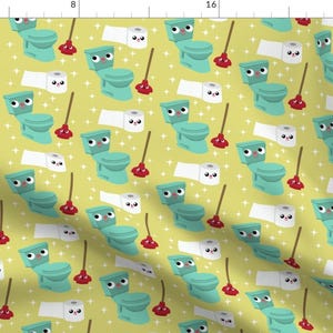 May include: A seamless pattern featuring a repeating design of cartoon toilets with eyes and a plunger. The toilets are turquoise blue and the plungers are red. The background is a light yellow color.