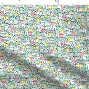 Pastel Cat Fabric - Bright Cats Pattern Small Scale By Kostolom3000 - Kitty Cat Kitten Green Pink Cotton Fabric By The Yard With Spoonflower