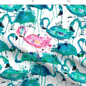 Teal + Pink Flamingos Fabric - Flamingos Making A Splash In Teal! By Karismithdesigns - Flamingo Cotton Fabric By The Yard With Spoonflower