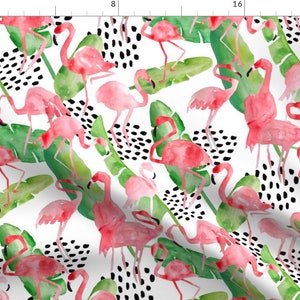 Pink Flamingo Fabric Flamingo Paradise By Limezinniasdesign Pink Flamingo Green Black White Cotton Fabric By The Yard With Spoonflower image 1