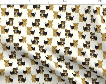 May include: A white background with a repeating pattern of brown and black Yorkshire Terrier dogs. The dogs are facing forward with their tongues sticking out.