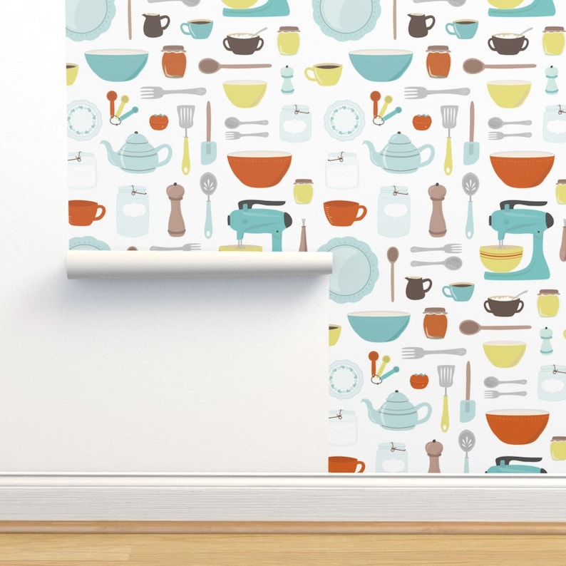 Vintage Kitchen Wallpaper - My Vintage Kitchen By Calobeedoodles- Retro Custom Printed Removable Self Adhesive Wallpaper Roll by Spoonflower image 5
