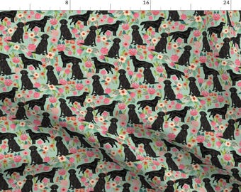 Black Dog Fabric - Flat Coated Retriever Dog Breed Florals Mint By Petfriendly - Dog Black Lab Cotton Fabric By The Yard With Spoonflower