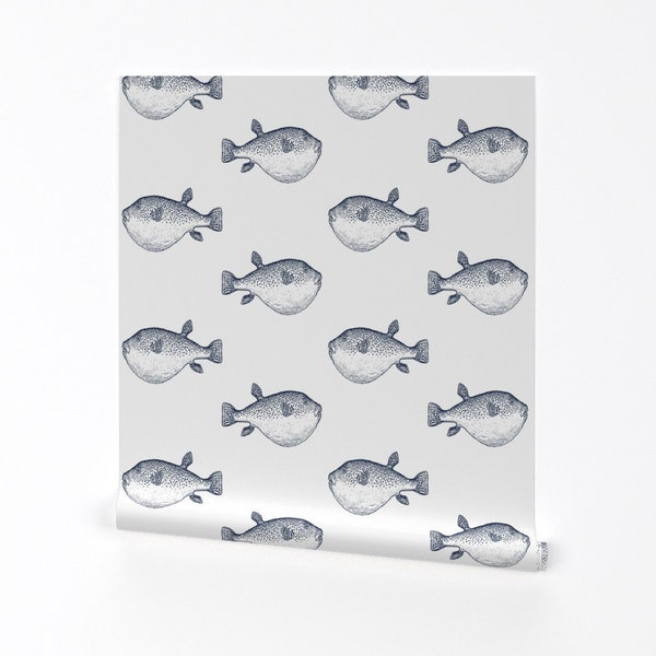 Blowfish Wallpaper - Navy Blowfish Blow Fish White By Jenlats - Navy Custom Printed Removable Self Adhesive Wallpaper Roll by Spoonflower